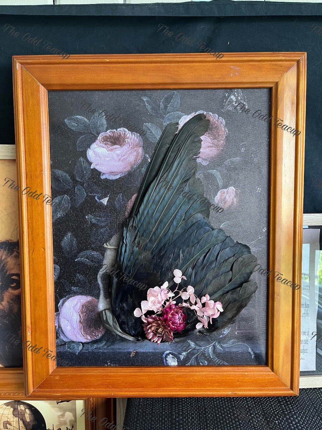 Carrion Crow wing with dried florals (Corvus Corone)